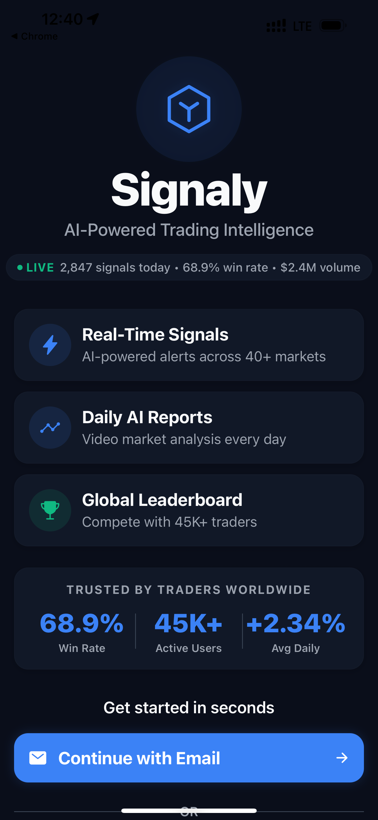 Signaly mobile app home screen displaying live trading signals with real-time price updates and signal confidence indicators