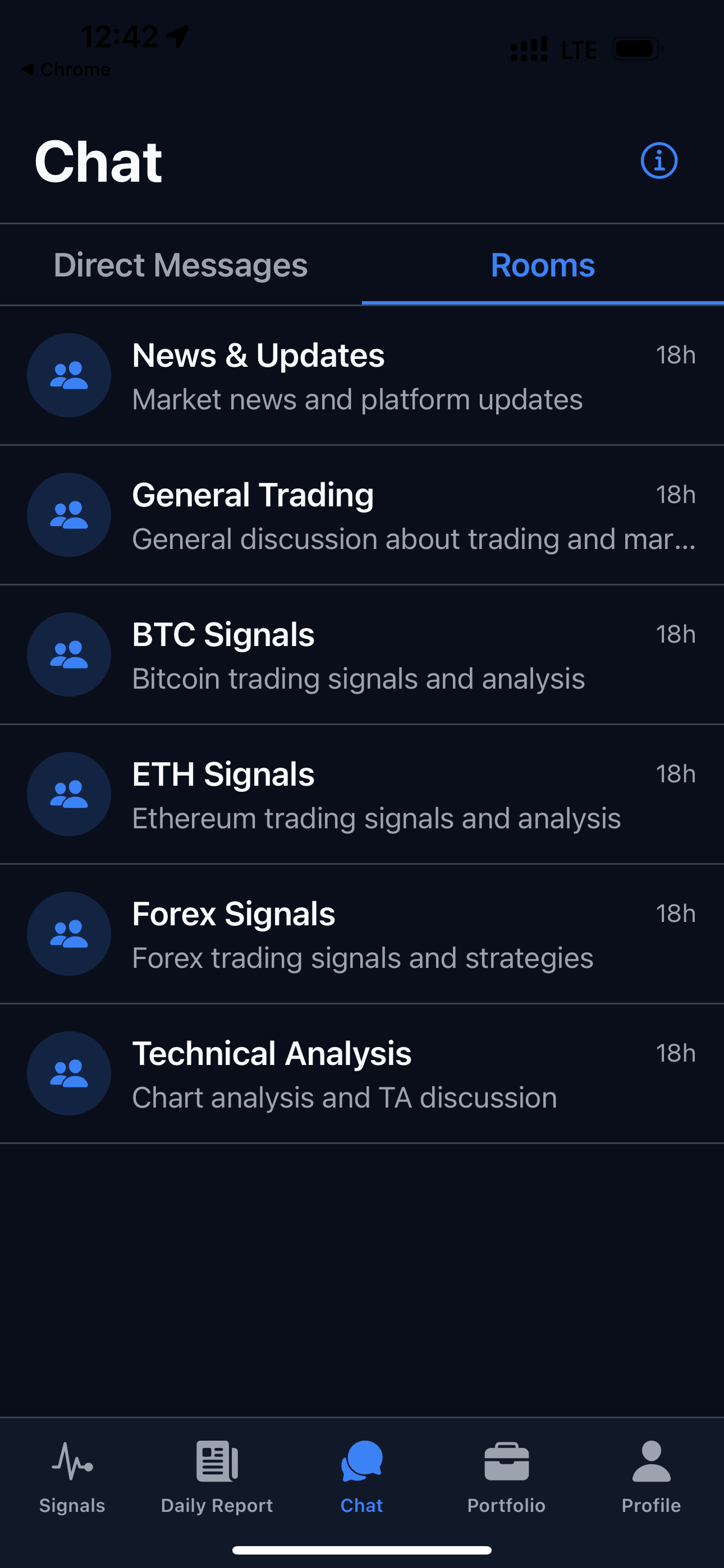 Signaly mobile app chat rooms and community interface displaying trader discussions and real-time messaging with user profiles